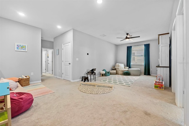 rec room featuring recessed lighting, baseboards, carpet floors, and a ceiling fan