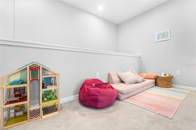 playroom featuring recessed lighting, baseboards, and carpet floors