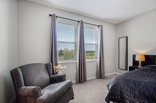 bedroom with baseboards and light carpet