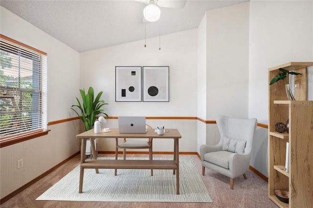 carpeted office with vaulted ceiling and a textured ceiling