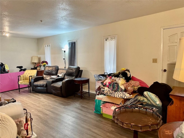 living room with a textured ceiling and wood finished floors