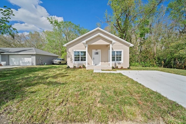 bungalow-style house with a front yard and stucco siding