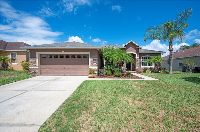 view of front facade with a front lawn, stone siding, and a garage