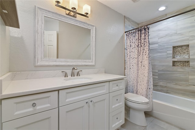 3976 Cypress Lndg W, Winter Haven, FL 33884 - bathroom with vanity, shower / bath combination with curtain, and tile patterned floors
