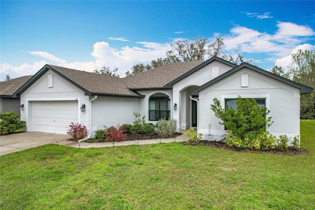 ranch-style house featuring roof with shingles, stucco siding, concrete driveway, a garage, and a front lawn