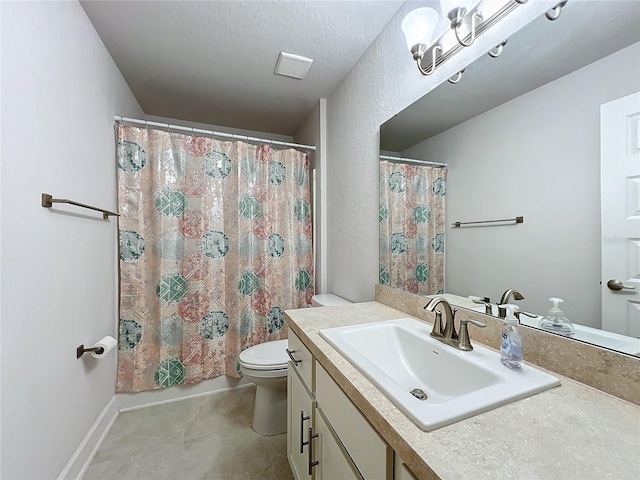 bathroom with visible vents, a shower with shower curtain, toilet, vanity, and tile patterned flooring