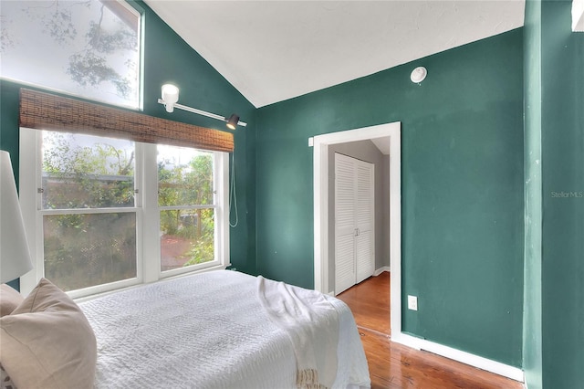 bedroom with lofted ceiling and wood finished floors