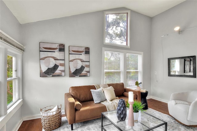 living area featuring lofted ceiling, wood finished floors, and baseboards