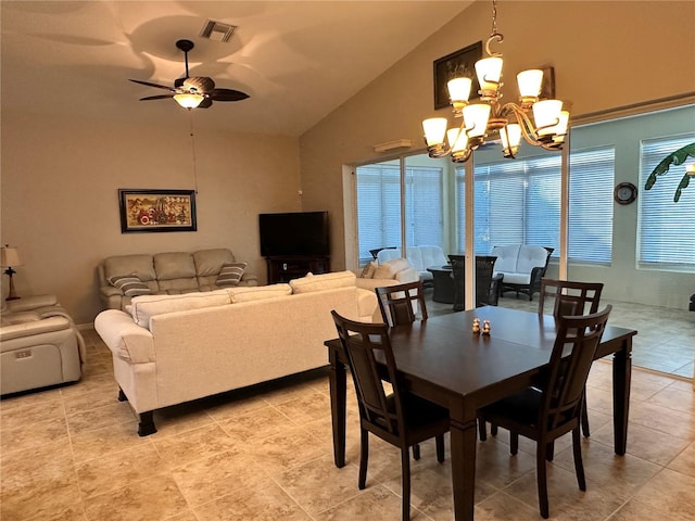 394 Nolane Ln, Polk City, FL 33868 - dining room featuring lofted ceiling, visible vents, and ceiling fan with notable chandelier