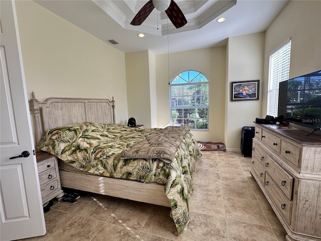 394 Nolane Ln, Polk City, FL 33868 - bedroom featuring crown molding, recessed lighting, a raised ceiling, visible vents, and ceiling fan