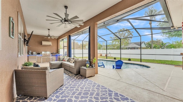 view of patio featuring a fenced in pool, a fenced backyard, exterior kitchen, an AC wall unit, and an outdoor living space