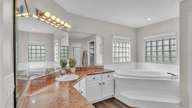 bathroom featuring a garden tub, plenty of natural light, and vanity