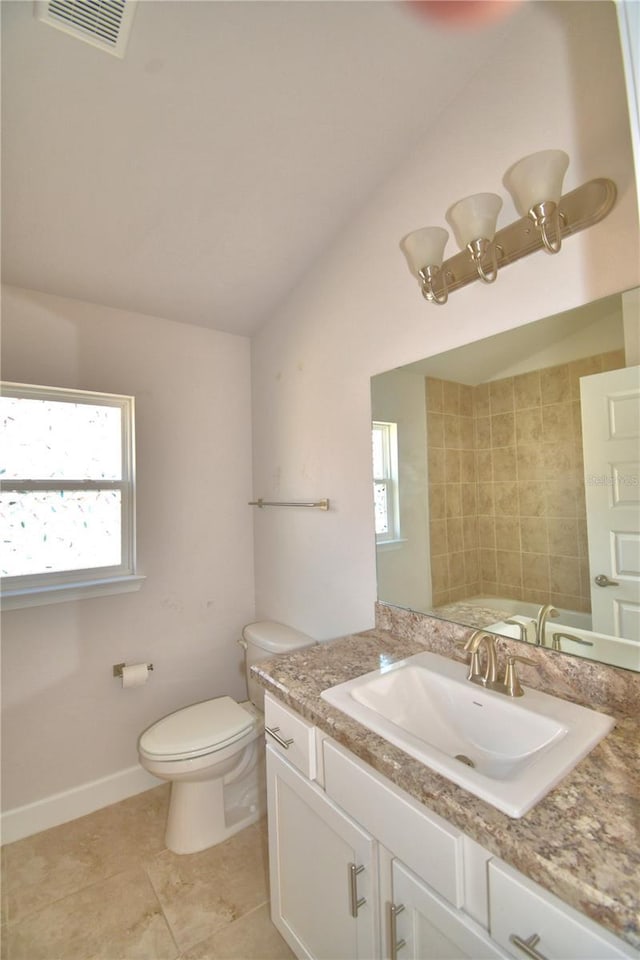 full bath with lofted ceiling, tile patterned flooring, toilet, vanity, and visible vents