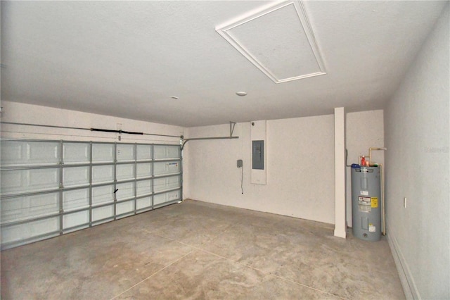 garage featuring electric panel and water heater