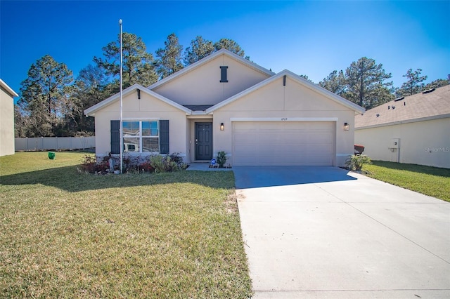 single story home featuring a garage, driveway, a front yard, and fence