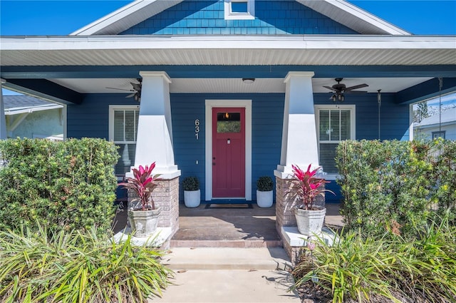 property entrance featuring a porch and ceiling fan