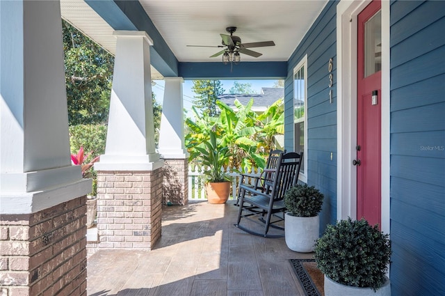 view of patio featuring a porch and ceiling fan