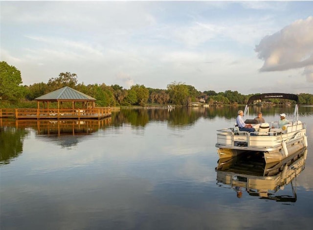 dock area featuring a water view and a gazebo