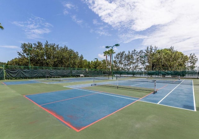 view of tennis court featuring fence