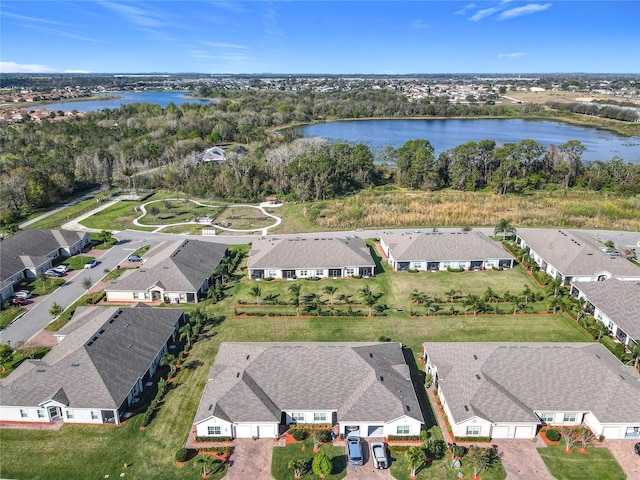 aerial view featuring a water view and a residential view