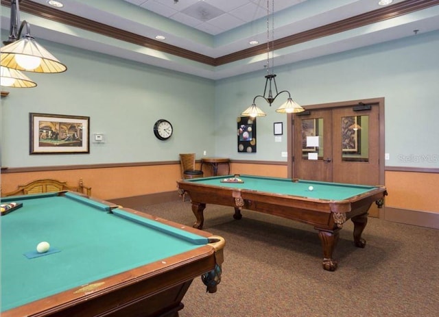 rec room featuring a raised ceiling, carpet floors, wainscoting, and billiards