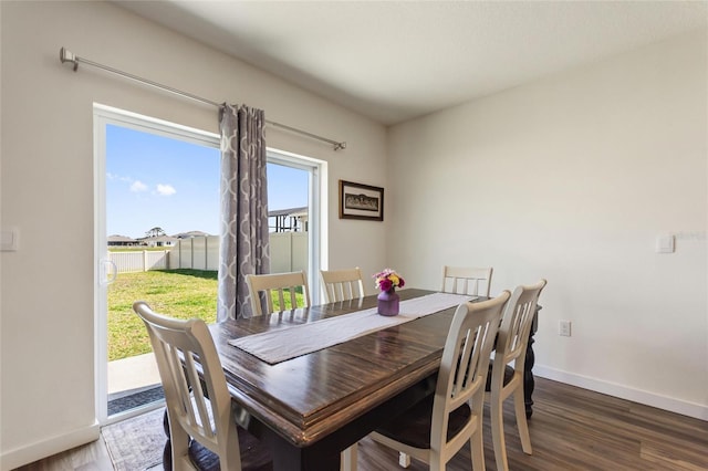 dining area featuring dark wood-type flooring and baseboards