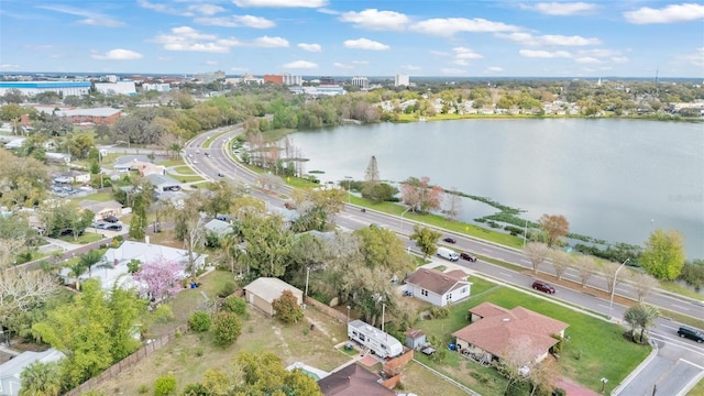 drone / aerial view with a water view