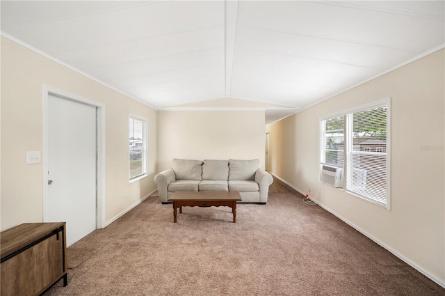 living area with lofted ceiling, ornamental molding, and light colored carpet