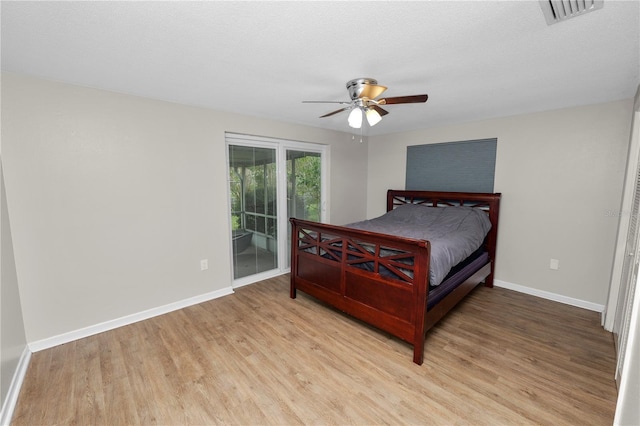 bedroom with a ceiling fan, baseboards, visible vents, access to exterior, and light wood finished floors