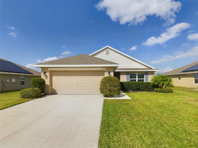 single story home featuring an attached garage, a shingled roof, driveway, stucco siding, and a front yard