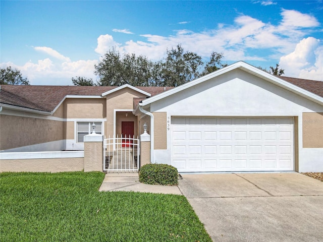 ranch-style home with an attached garage, a gate, concrete driveway, and stucco siding