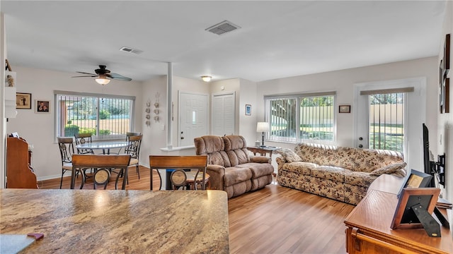 living area with light wood-style flooring, visible vents, and a wealth of natural light