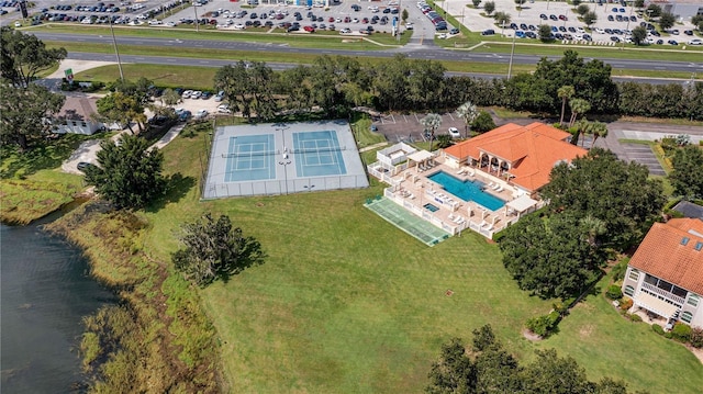 aerial view featuring a water view