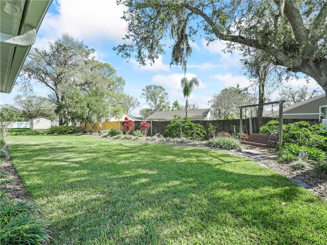 view of yard with a fenced backyard and a garden