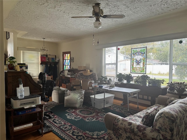 living area featuring ceiling fan, a textured ceiling, and wood finished floors