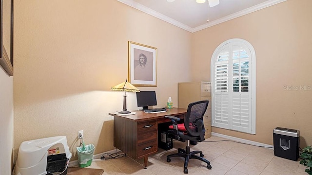 office featuring light tile patterned floors, baseboards, and ornamental molding