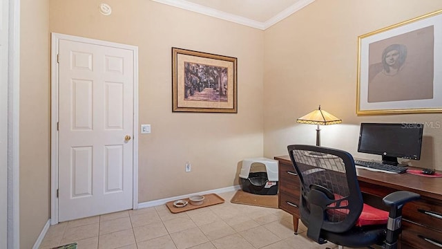 office space featuring baseboards, crown molding, and light tile patterned flooring