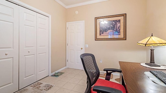 home office with ornamental molding, baseboards, and light tile patterned floors