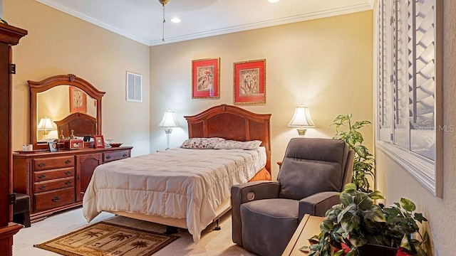 bedroom featuring ornamental molding, recessed lighting, light carpet, and visible vents