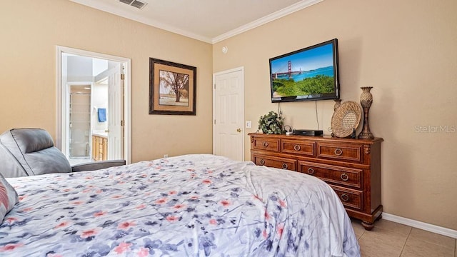 bedroom with light tile patterned floors, visible vents, baseboards, ensuite bath, and crown molding