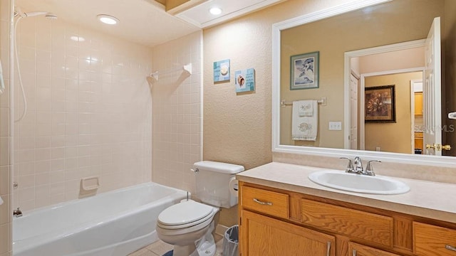 full bath with recessed lighting, a textured wall, toilet, tub / shower combination, and vanity