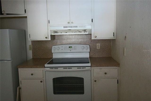 kitchen featuring white cabinetry, white appliances, backsplash, and under cabinet range hood