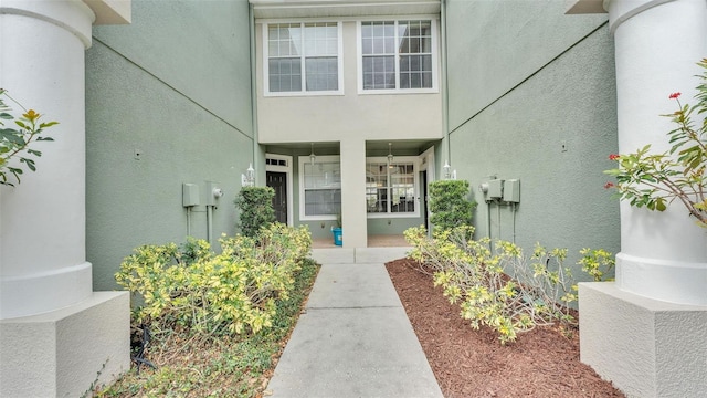 view of exterior entry with stucco siding