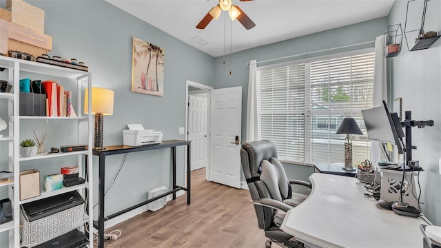 office area with ceiling fan and wood finished floors