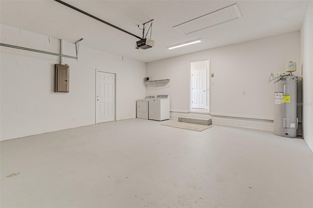 garage with electric panel, water heater, separate washer and dryer, and a garage door opener