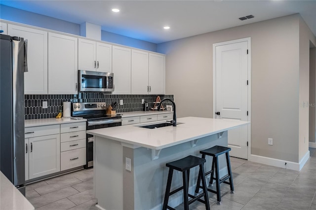 kitchen featuring visible vents, decorative backsplash, appliances with stainless steel finishes, white cabinets, and a sink