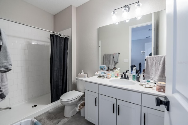 full bath featuring tile patterned flooring, toilet, vanity, and a shower stall