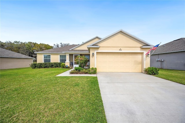 single story home with an attached garage, a front yard, concrete driveway, and stucco siding