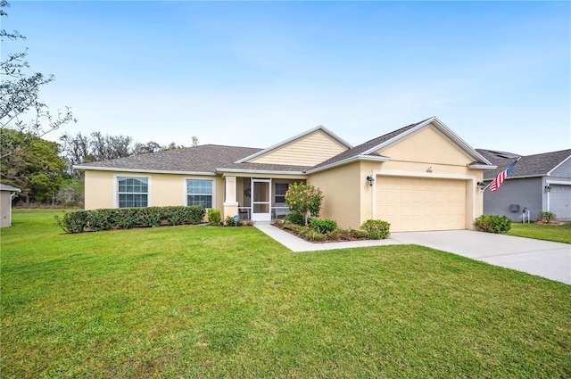 ranch-style house with a garage, a front lawn, and stucco siding