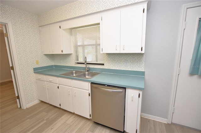 kitchen with wallpapered walls, baseboards, dishwasher, light wood-type flooring, and a sink